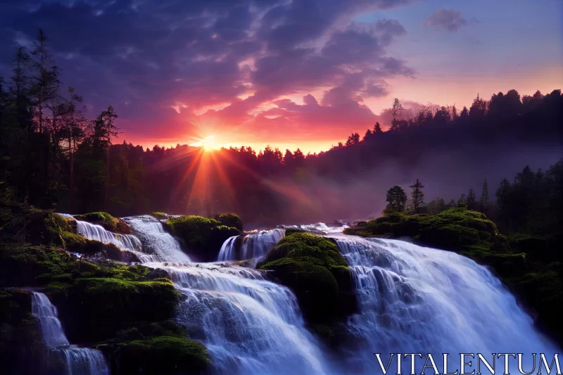 Mysterious Sunrise over Majestic Waterfall AI Image