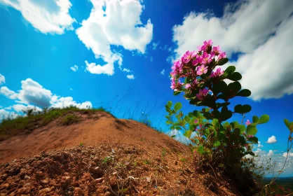 Pink Flower on a Hill: A Tropical Landscape