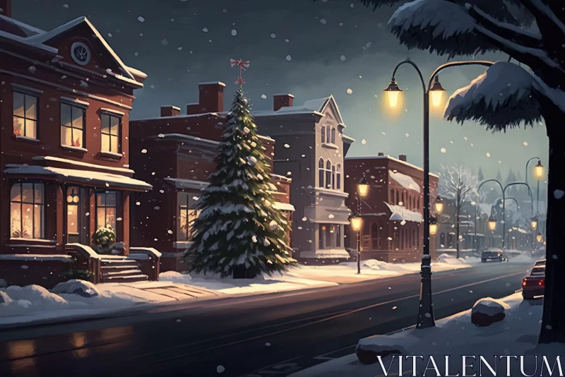 Snowy Christmas Night City - A Cartoon Realism Illustration AI Image
