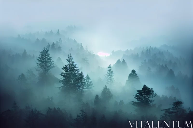 Sunrise Over Fog-Filled Forest: A Light-filled Seascape AI Image