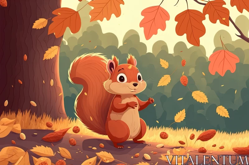 Cartoon Squirrel in Autumn Leaves - Soft Tonal 2D Game Art AI Image
