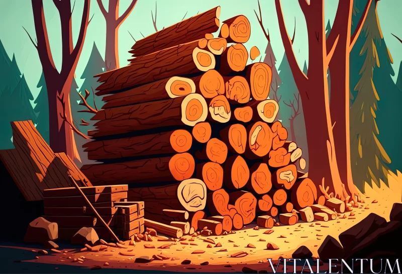 Cartoon-Style Forest Scene with Pile of Wood AI Image