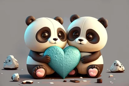 Charming Panda Bears Holding Blue Heart Illustration AI Image