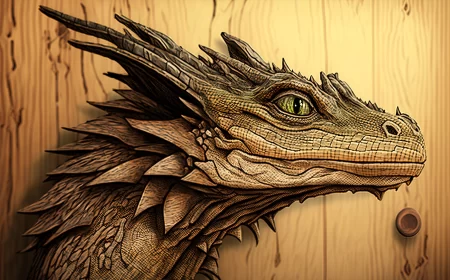 Intricate Dragon Illustration with Green Eyes on Wooden Wall