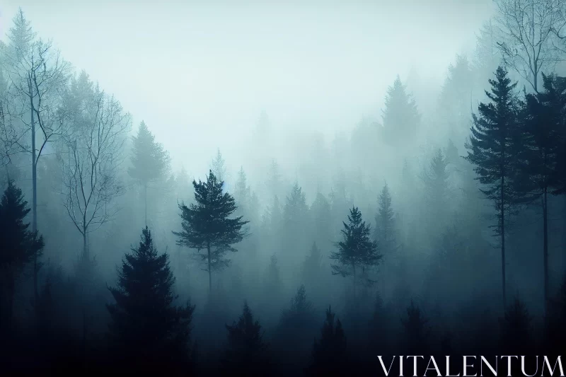 Misty Forest Landscape in Cyan and Black Tones AI Image