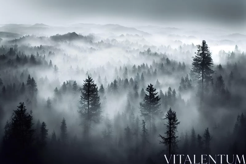 Mysterious Foggy Forest Mountain - Monochromatic Landscape AI Image