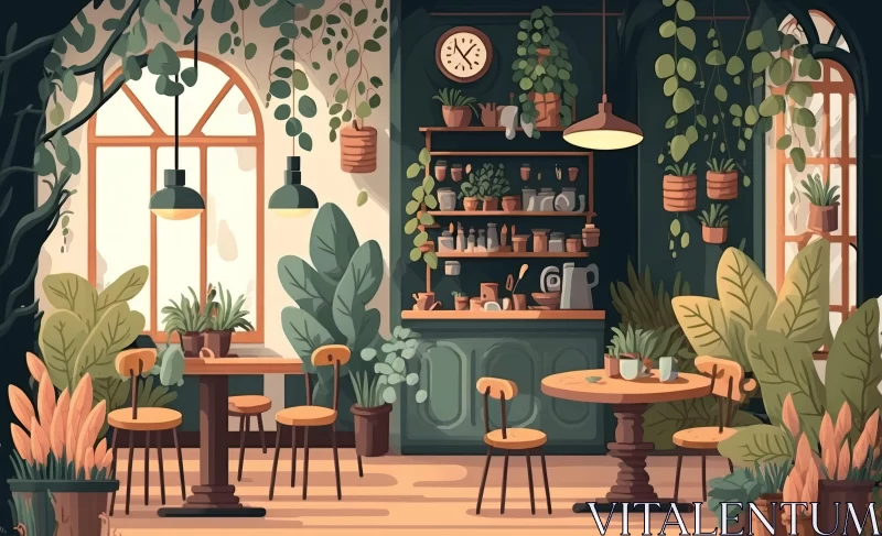 Romantic Cafe Interior with Tranquil Gardenscapes AI Image