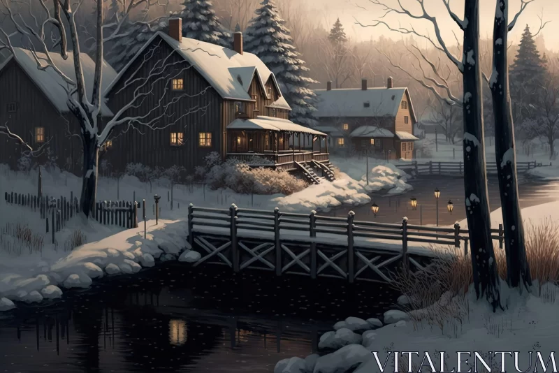 Winter Night in a Village: A Serene Snowy Landscape AI Image