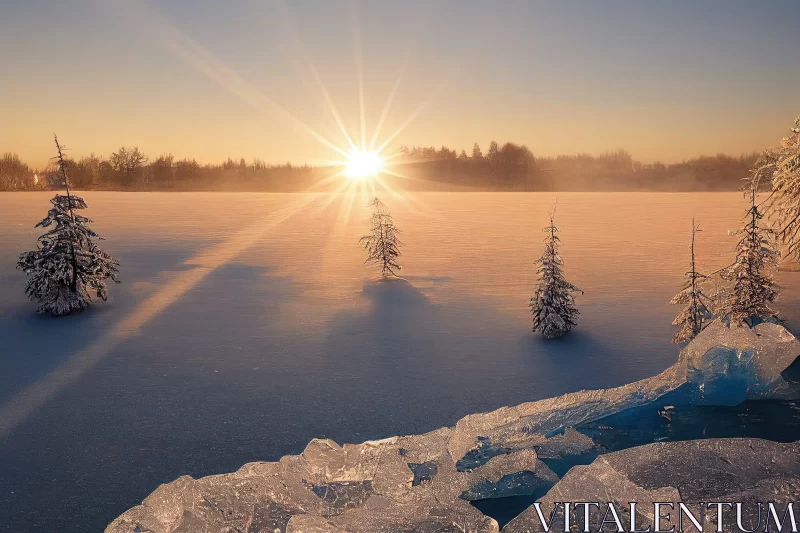 Winter Sunrise Over Frozen Lake AI Image
