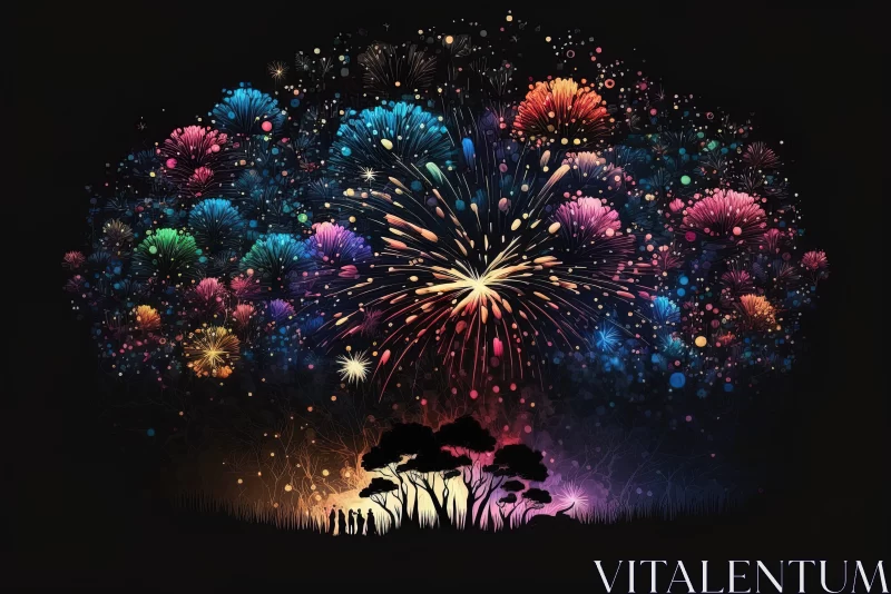 Colorful Fireworks in Forest - A Watercolor Landscape AI Image