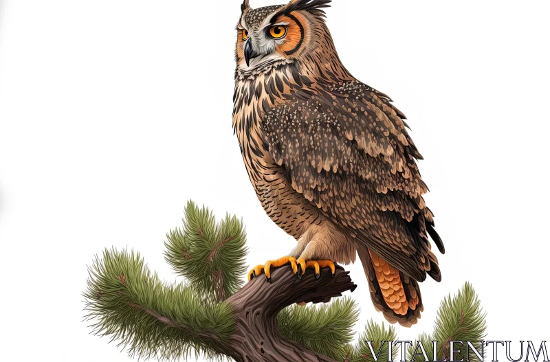 Detailed Illustration of Owl on Pine Branch AI Image
