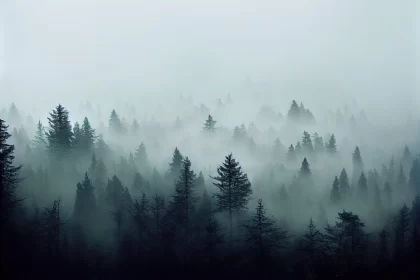 Mystic Foggy Forest with Pine Trees and Teal Hues
