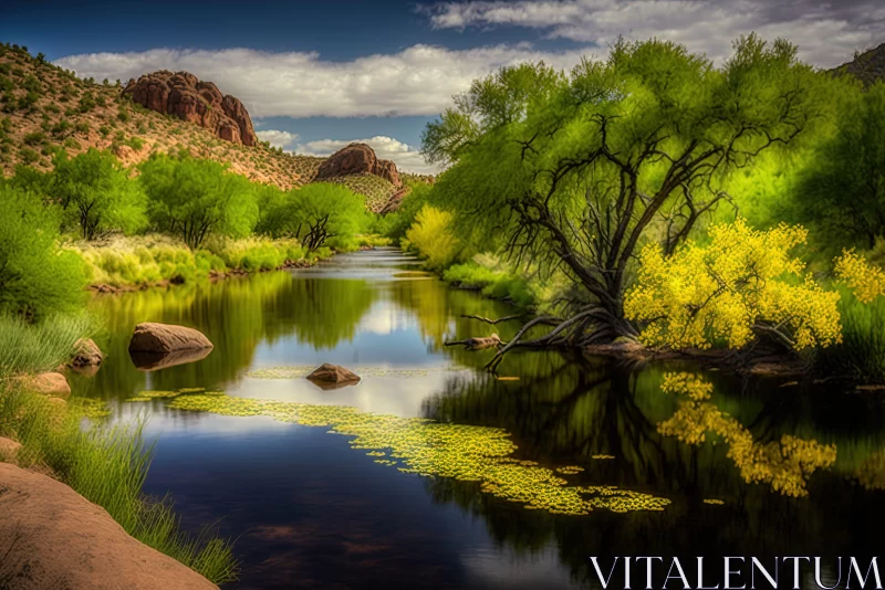 Tranquil Pond in a Lush Desert - Nature's Paradox Captured AI Image