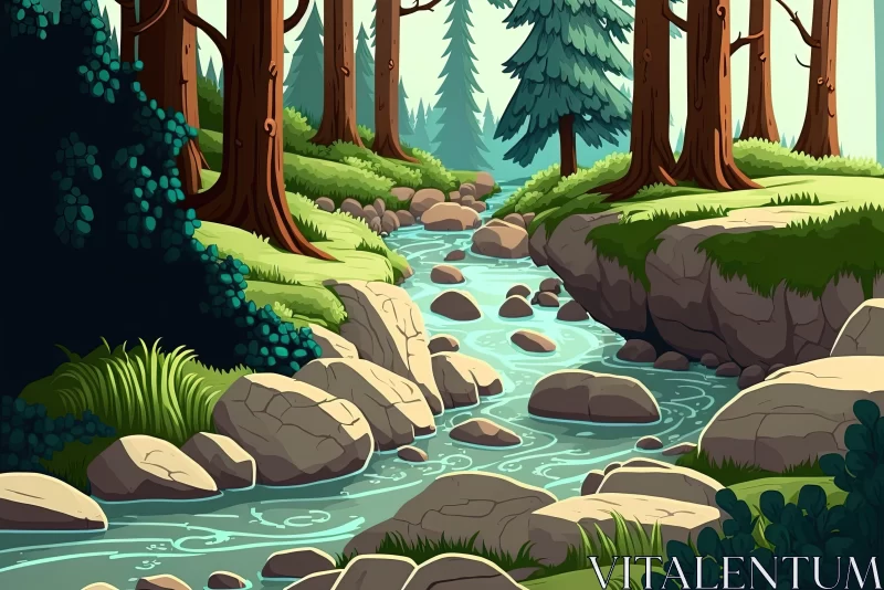 Detailed Cartoon Forest Scene with Stream and Waterfall AI Image