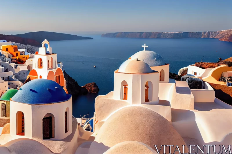 Greek Santorini City: Blue Domes, Water Views & Romantic Riverscapes AI Image