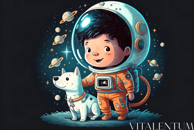 AI ART Luminous Cartoon - Boy Astronaut and Dog in Space