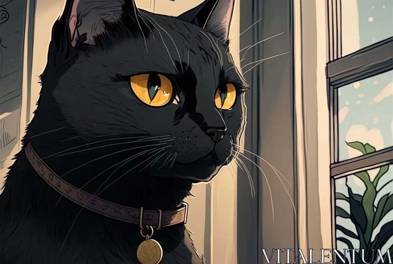 Anime Style Black Cat by the Window Illustration AI Image