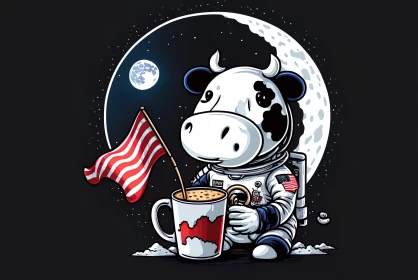 Cartoon Cow Astronaut in Space with American Flag and Coffee