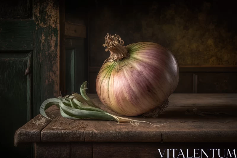 Classical Genre Art: Onion on Wooden Table AI Image