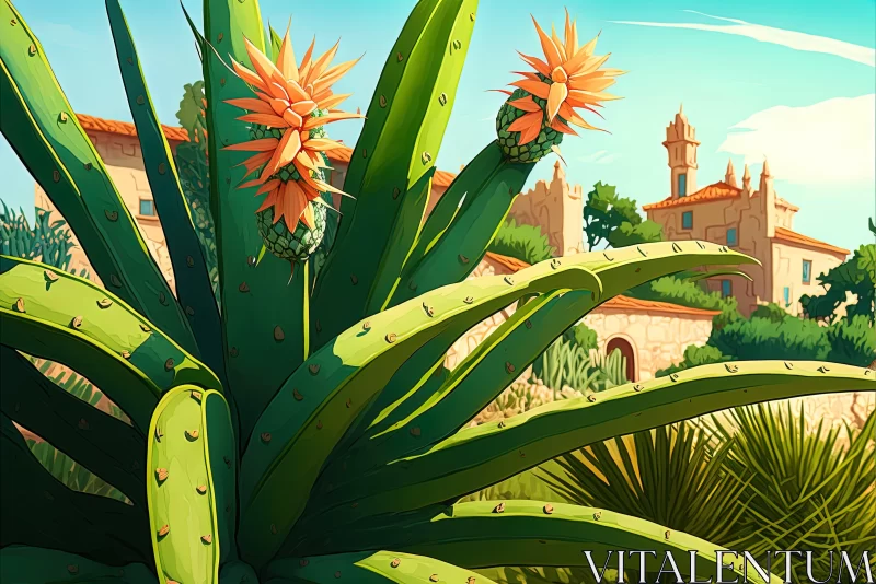 AI ART Desert Scene with Cactus and Villa - Digital Painting