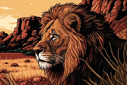 Lion in Australian Landscape: A Detailed Cartoon-style Artwork AI Image