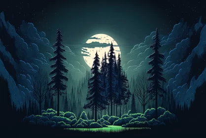 Moonlit Forest: A Mysterious and Detailed Landscape Illustration