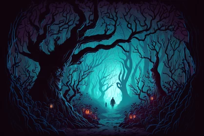 Mysterious Dark Forest with Fairy Tale Lanterns Illustration