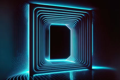 Neon Blue Glowing Door with Shiny Lines - Minimalist Stage Design AI Image