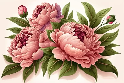 Pink Peonies with Green Leaves and Gold Ribbon Artwork