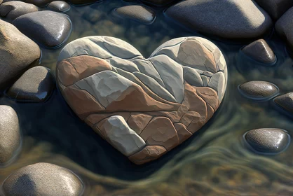 Romantic Rock Heart in Stream: An Optical Illusion in Nature AI Image