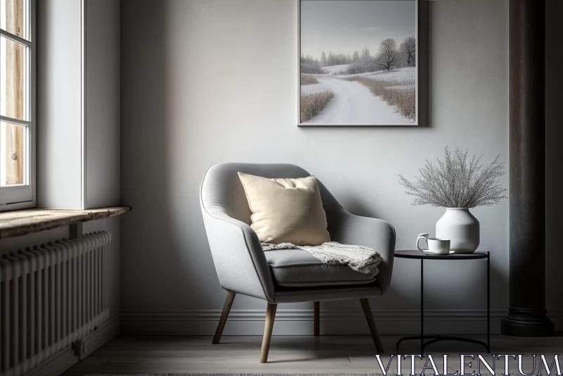 Serene Interior Scene with Snowy Landscape View AI Image