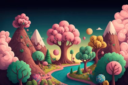Cartoon Landscape with Rainbow Trees and River AI Image