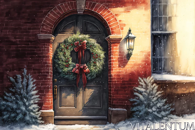 Christmas Wreath on Brick Building Door in Watercolor AI Image