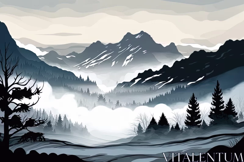Monochrome Mountain and Fog Panorama - Nature Artistry AI Image