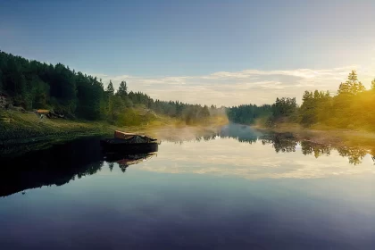 Bucolic Sunrise Over a Tranquil River with a Floating Boat