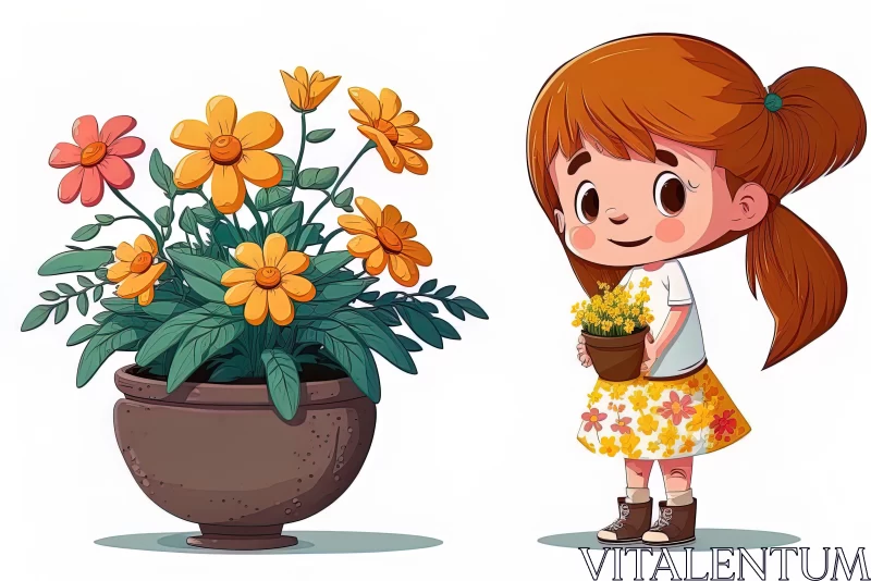Cartoon Girl with Potted Flower - Charming Children's Illustration AI Image