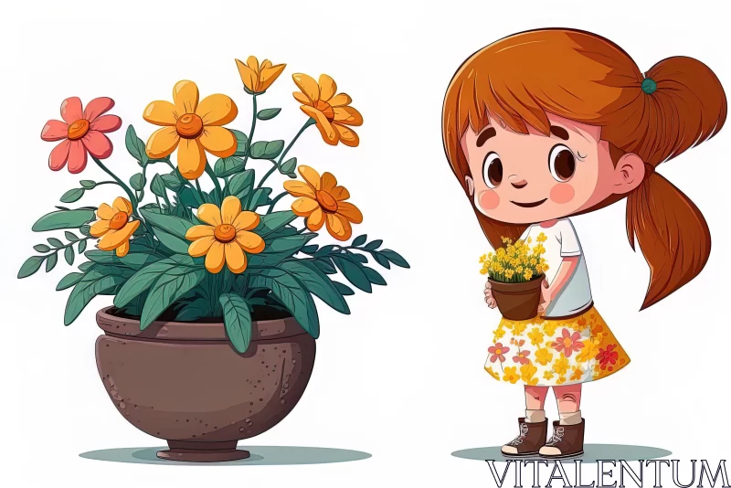 Cartoon Girl with Potted Flower - Charming Children's Illustration