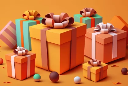 Colorful Gift Boxes on Orange Background - Geometric Surrealism Artwork AI Image