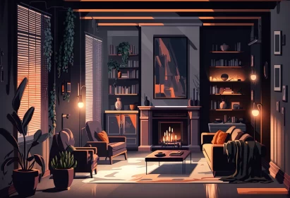 Detailed Living Room Illustration with Tonalist Color Scheme AI Image