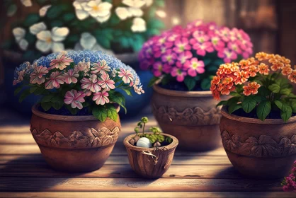 Detailed Still Life of Flower Pots on Grass