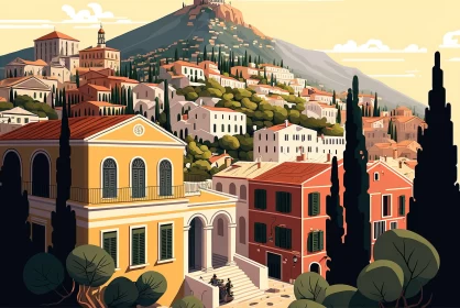 Greek Town Vintage Poster Style Illustration