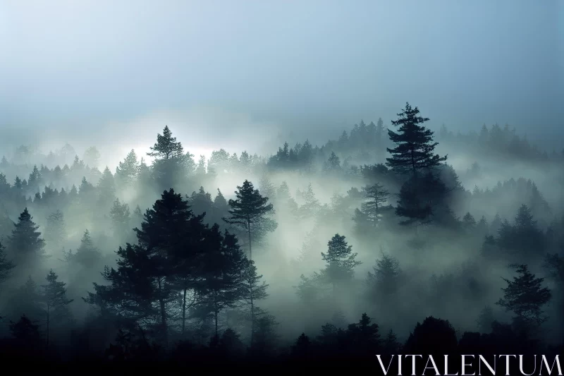 Misty Forest: An Atmospheric Landscape of Contrast and Intrigue AI Image