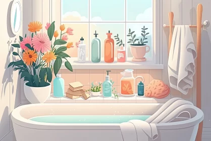 Pastel Toned Bathroom Scene with Detailed Flora and Fauna Illustrations