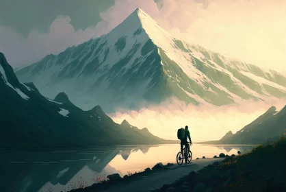 Person Riding Bike Near Mountains - Realistic Landscape Art