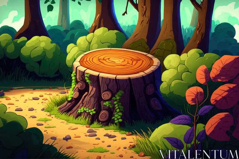 Captivating Cartoon Realism Illustration of a Tree Stump in Forest AI Image