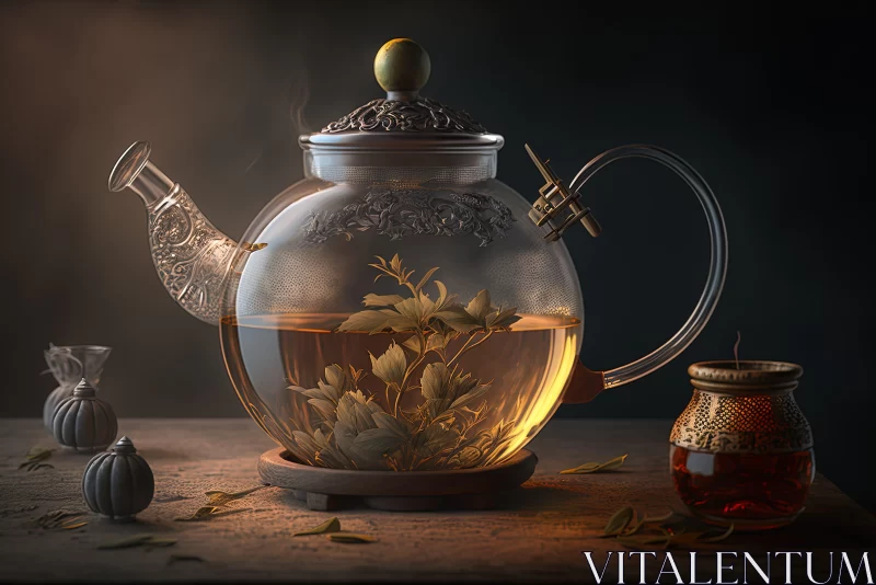 AI ART Ethereal Glass Teapot with Chinese Iconography in Golden Hues
