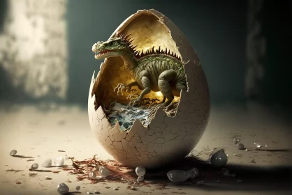 Golden Dinosaur Emerges from Egg in Fantastical Artwork AI Image