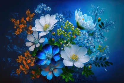 Intricate Floral Composition on Blue Background