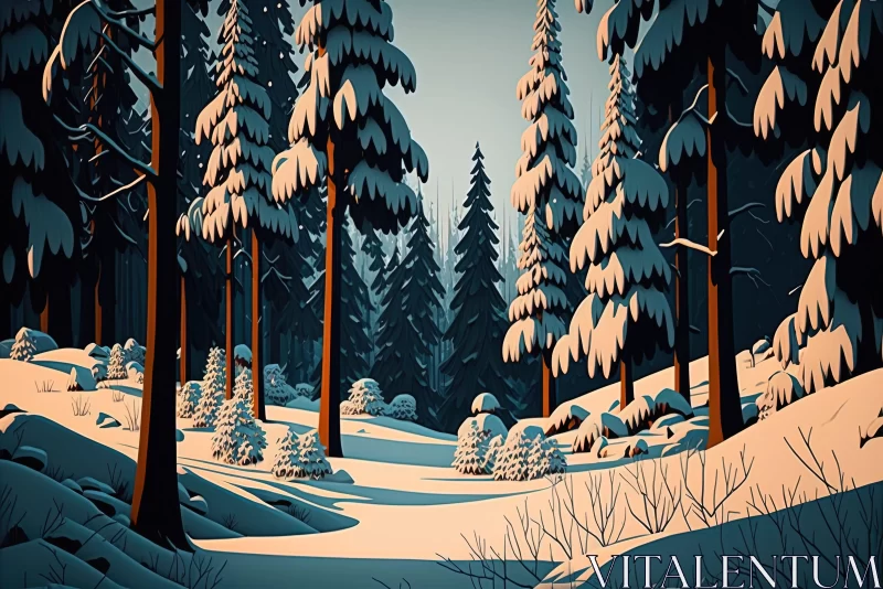 Snowy Forest Cartoon Illustration - Cabincore Aesthetic AI Image