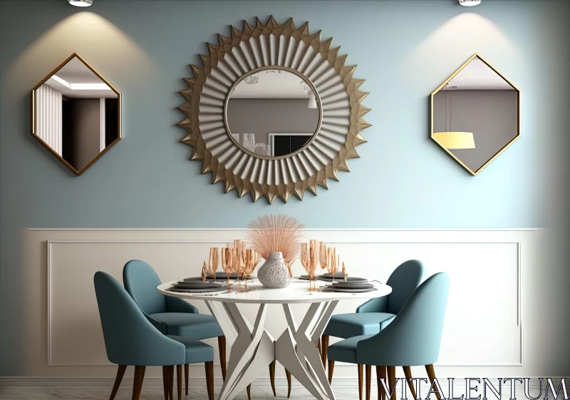 Stylish Dining Room Design with Blue Chairs and Gold Mirror AI Image